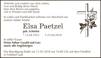 Traueranzeige von Elsa Paetzel von WVG - Wochenspiegel Dessau / Köthen