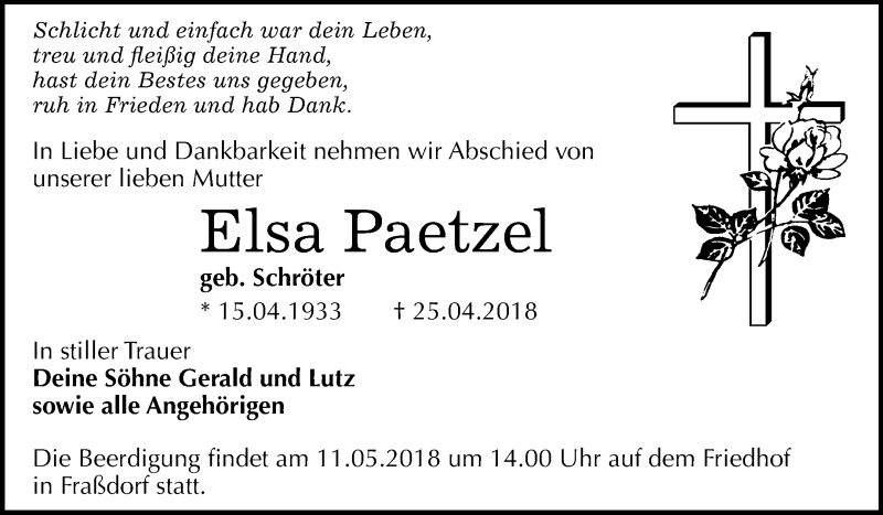  Traueranzeige für Elsa Paetzel vom 05.05.2018 aus Mitteldeutsche Zeitung