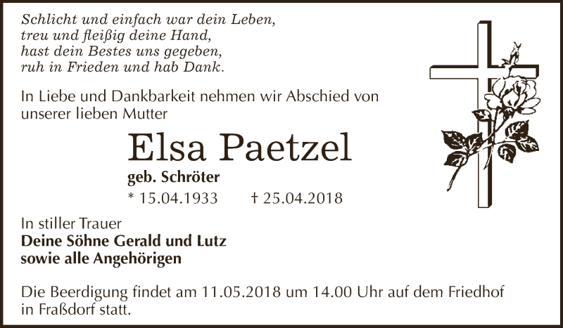  Traueranzeige für Elsa Paetzel vom 05.05.2018 aus WVG - Wochenspiegel Dessau / Köthen