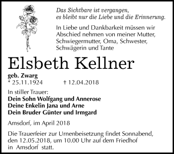 Traueranzeige von Elsbeth Kellner von Mitteldeutsche Zeitung