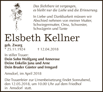 Traueranzeige von Elsbeth Kellner von Wochenspiegel Mansfelder Land