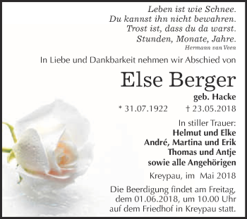 Traueranzeige von Else Berger von Super Sonntag Merseburg