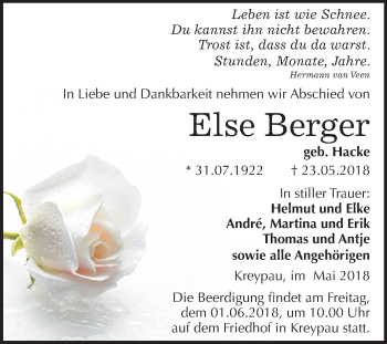 Traueranzeige von Else Berger von Mitteldeutsche Zeitung Merseburg/Querfurt