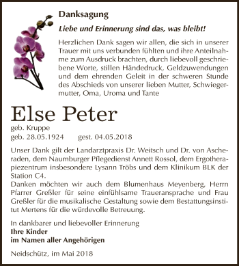 Traueranzeige von Else Peter von WVG - Wochenspiegel NMB / WSF / ZTZ