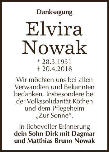 Traueranzeige von Elvira Nowak von WVG - Wochenspiegel Dessau / Köthen