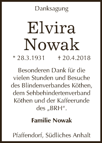 Traueranzeige von Elvira Nowak von WVG - Wochenspiegel Dessau / Köthen