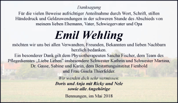 Traueranzeige von Emil Wehling von WVG - Wochenspiegel SGH