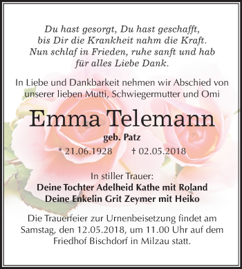 Traueranzeige von Emma Telemann von Mitteldeutsche Zeitung Merseburg/Querfurt