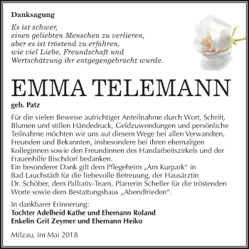 Traueranzeige von Emma Telemann von Mitteldeutsche Zeitung Merseburg/Querfurt