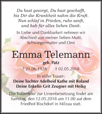 Traueranzeige von Emma Telemann von Mitteldeutsche Zeitung Merseburg/Querfurt