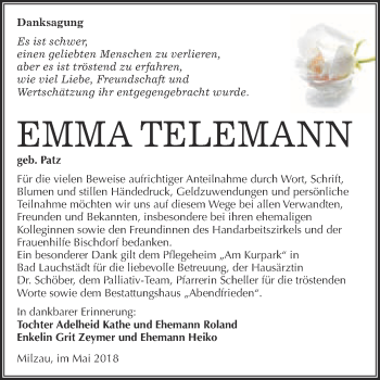 Traueranzeige von Emma Telemann von WVG - Wochenspiegel Merseburg