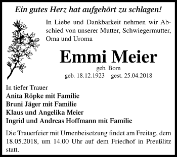 Traueranzeige von Emmi Meier von Mitteldeutsche Zeitung Bernburg