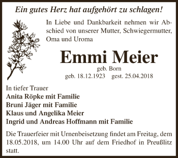 Traueranzeige von Emmi Meier von Super Sonntag Bernburg