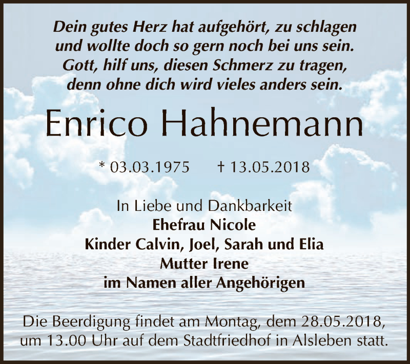  Traueranzeige für Enrico Hahnemann vom 19.05.2018 aus Super Sonntag Bernburg