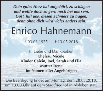 Traueranzeige von Enrico Hahnemann von Mitteldeutsche Zeitung Bernburg