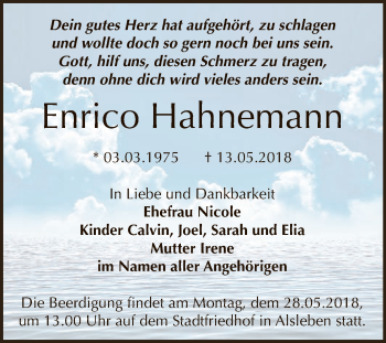 Traueranzeige von Enrico Hahnemann von Super Sonntag Bernburg