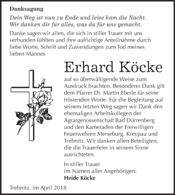 Traueranzeige von Erhard Köcke von Super Sonntag Merseburg