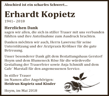 Traueranzeige von Erhardt Kopietz von Super Sonntag Aschersleben