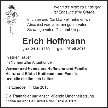 Traueranzeige von Erich Hoffmann von Super Sonntag Quedlinburg