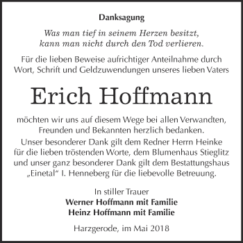 Traueranzeige von Erich Hoffmann von Super Sonntag Quedlinburg
