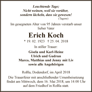 Traueranzeige von Erich Koch von Super Sonntag SGH Mansf. Land