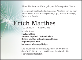 Traueranzeige von Erich Matthes von Mitteldeutsche Zeitung