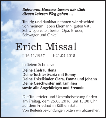 Traueranzeige von Erich Missal von WVG - Wochenspiegel Dessau / Köthen