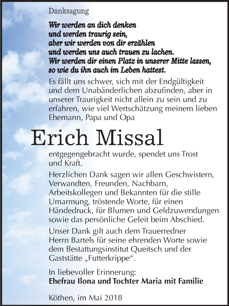  Traueranzeige für Erich Missal vom 31.05.2018 aus Mitteldeutsche Zeitung Köthen