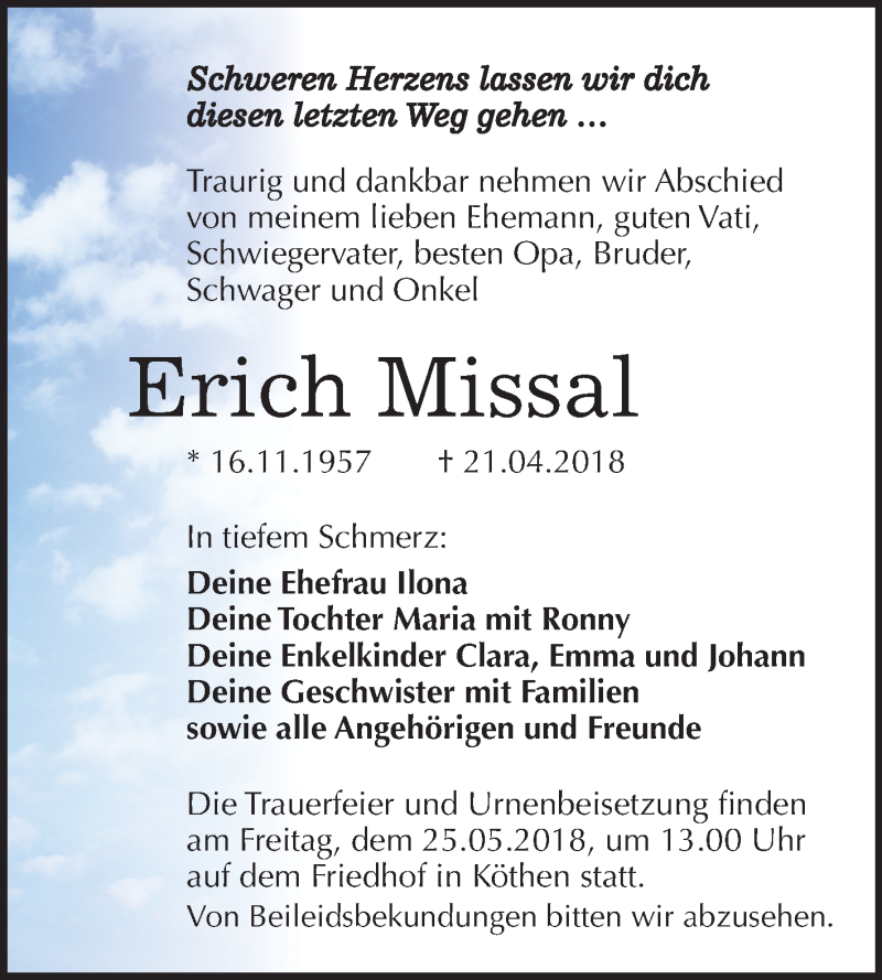  Traueranzeige für Erich Missal vom 05.05.2018 aus WVG - Wochenspiegel Dessau / Köthen