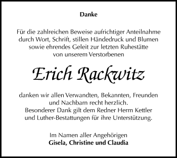 Traueranzeige von Erich Rackwitz von Mitteldeutsche Zeitung Halle/Saalkreis