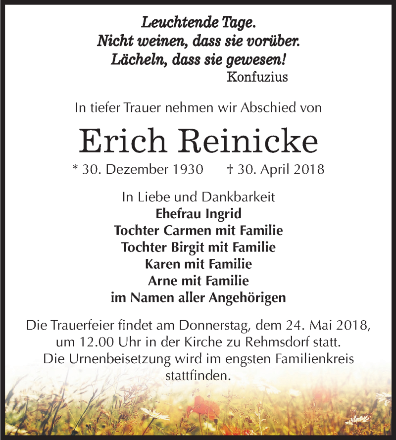  Traueranzeige für Erich Reinicke vom 12.05.2018 aus Mitteldeutsche Zeitung Zeitz