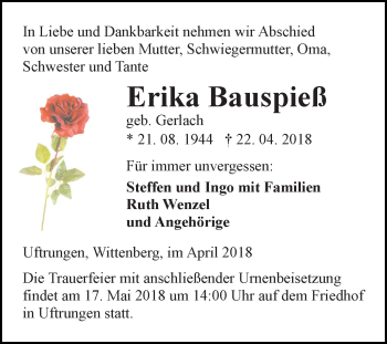 Traueranzeige von Erika Bauspieß von Mitteldeutsche Zeitung Sangerhausen
