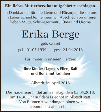 Traueranzeige von Erika Berge von WVG - Wochenspiegel SGH