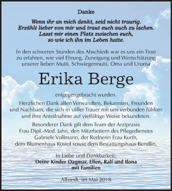 Traueranzeige von Erika Berge von Mitteldeutsche Zeitung