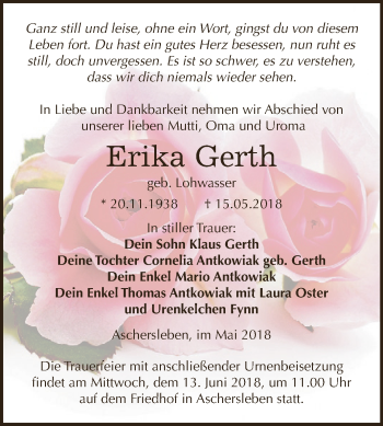 Traueranzeige von Erika Gerth von Super Sonntag Aschersleben