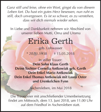Traueranzeige von Erika Gerth von Mitteldeutsche Zeitung Aschersleben