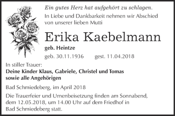 Traueranzeige von Erika Kaebelmann von WVG - Wochenspiegel Wittenberg