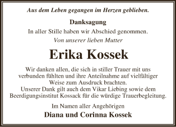 Traueranzeige von Erika Kossek von WVG - Wochenspiegel Dessau / Köthen