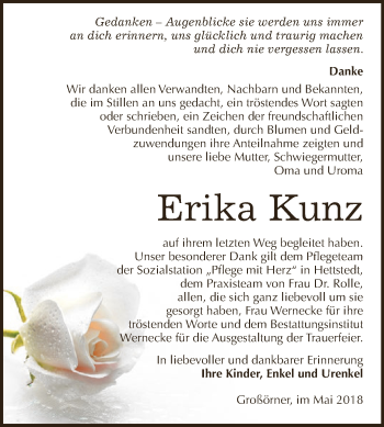 Traueranzeige von Erika Kunz von Wochenspiegel Mansfelder Land