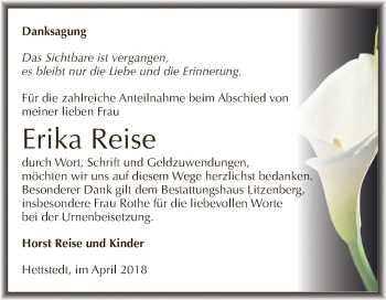 Traueranzeige von Erika Reise von Wochenspiegel Mansfelder Land