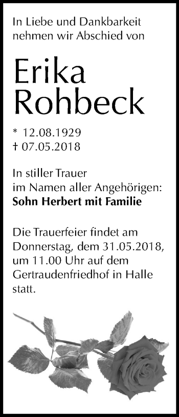 Traueranzeige von Erika Rohbeck von Mitteldeutsche Zeitung Halle/Saalkreis