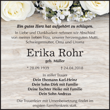 Traueranzeige von Erika Rohr von Mitteldeutsche Zeitung Bitterfeld
