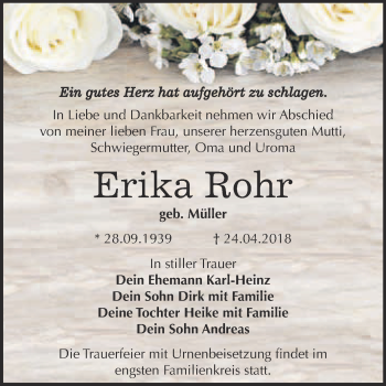 Traueranzeige von Erika Rohr von WVG - Wochenspiegel Bitterfeld