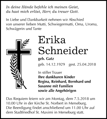 Traueranzeige von Erika Schneider von Mitteldeutsche Zeitung Merseburg/Querfurt
