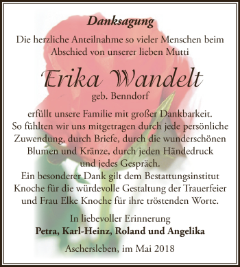 Traueranzeige von Erika Wandelt von Super Sonntag Aschersleben