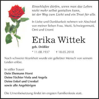 Traueranzeige von Erika Wittek von WVG - Wochenspiegel Bitterfeld