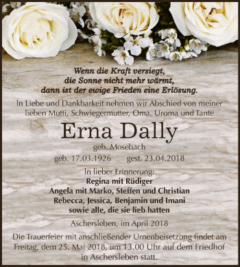 Traueranzeige von Erna Dally von Super Sonntag Aschersleben