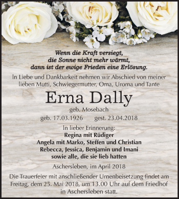 Traueranzeige von Erna Dally von Mitteldeutsche Zeitung Aschersleben