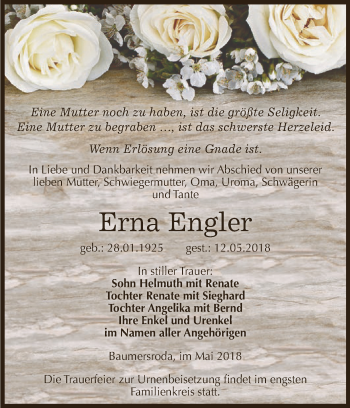 Traueranzeige von Erna Engler von WVG - Wochenspiegel NMB / WSF / ZTZ