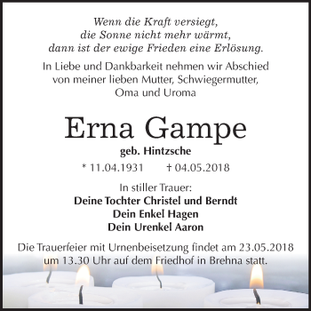 Traueranzeige von Erna Gampe von Mitteldeutsche Zeitung Bitterfeld